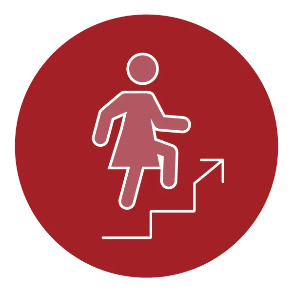 Red icon of person walking up stairs