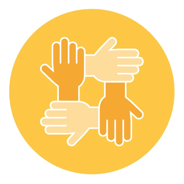 Four hands connected in a square at the wrists on yellow background