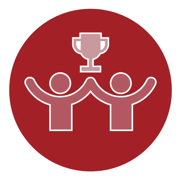 Two people holding hands raised in the air with floating trophy overhead on red background